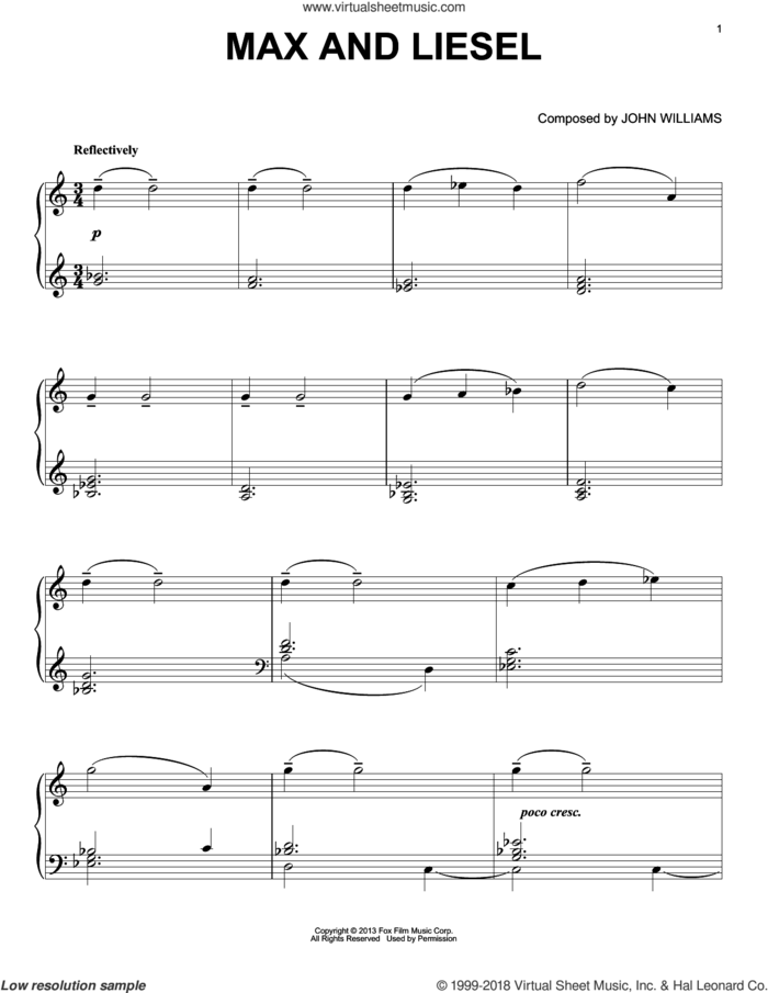 Max And Liesel sheet music for piano solo by John Williams, intermediate skill level