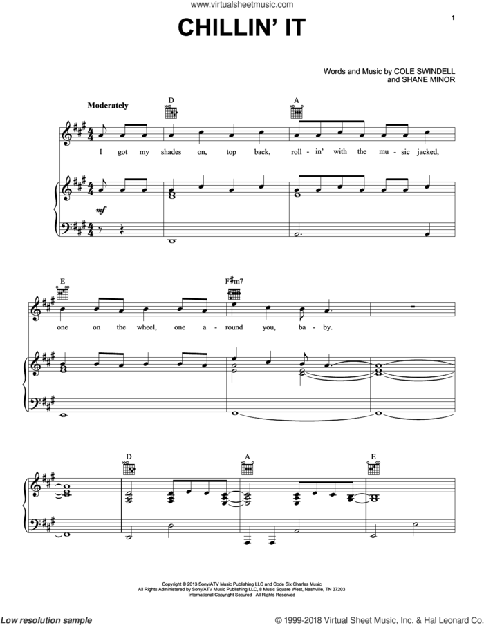 Chillin' It sheet music for voice, piano or guitar by Cole Swindell, intermediate skill level