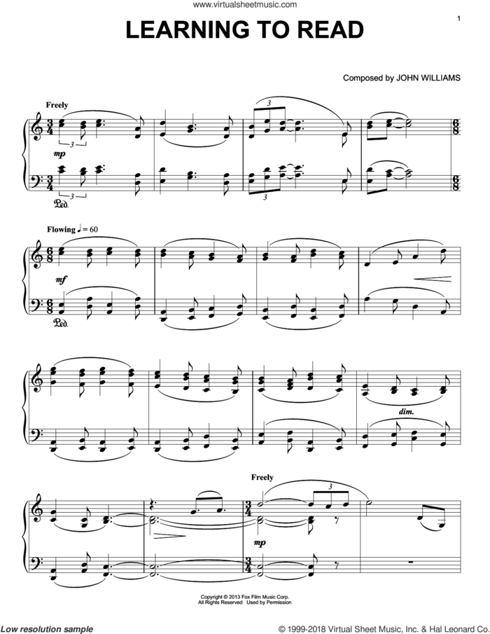 Learning To Read sheet music for piano solo by John Williams, intermediate skill level