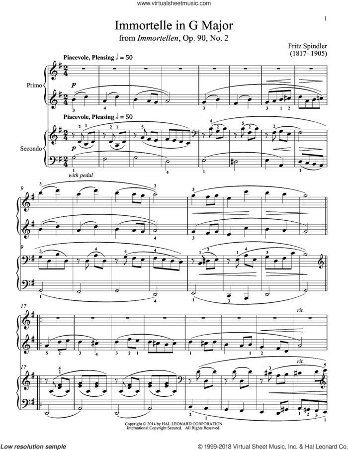 Immortelle In G Major sheet music for piano four hands by Bradley Beckman and Carolyn True, classical score, intermediate skill level