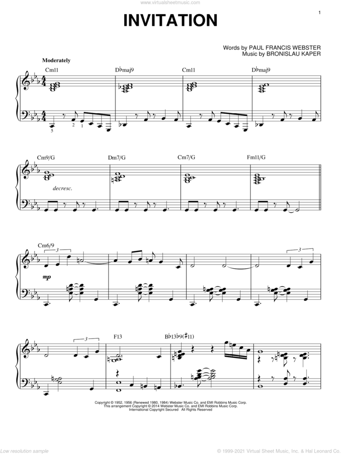 Invitation sheet music for piano solo by Bronislau Kaper, intermediate skill level
