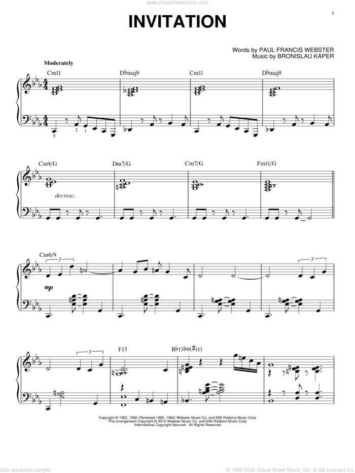 Invitation sheet music for piano solo by Bronislau Kaper, intermediate skill level