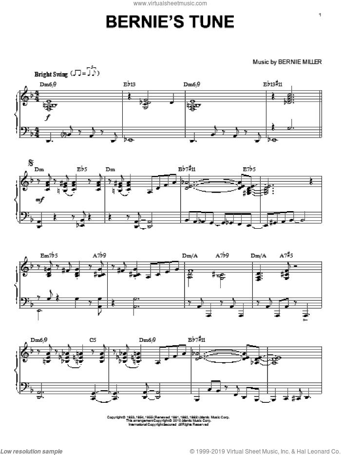 Bernie's Tune sheet music for piano solo by Mike Stoller, intermediate skill level