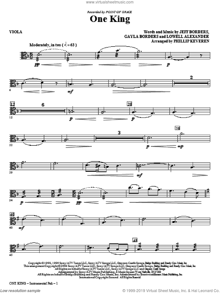 One King (arr. Phillip Keveren) sheet music for orchestra/band (viola) by Lowell Alexander, Gayla Borders, Jeff Borders, Phillip Keveren and Point Of Grace, intermediate skill level