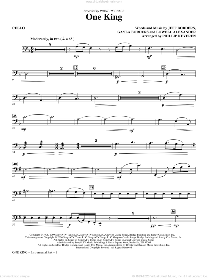 One King (arr. Phillip Keveren) sheet music for orchestra/band (cello) by Lowell Alexander, Gayla Borders, Jeff Borders, Phillip Keveren and Point Of Grace, intermediate skill level