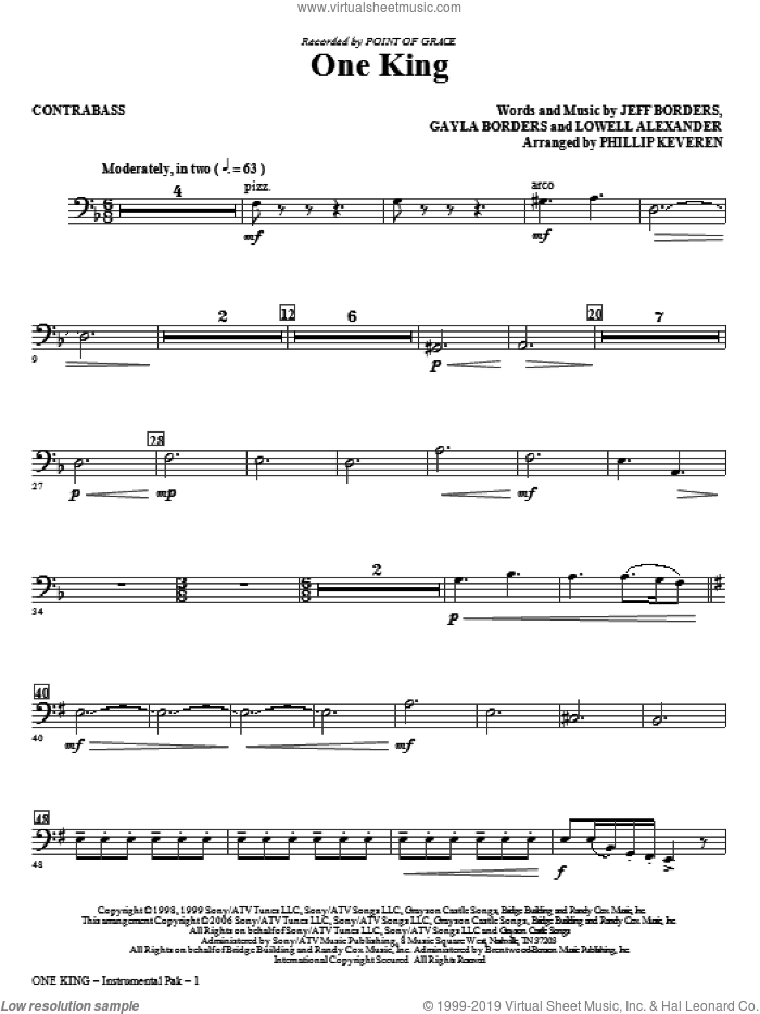 One King (arr. Phillip Keveren) sheet music for orchestra/band (contrabass) by Lowell Alexander, Gayla Borders, Jeff Borders, Phillip Keveren and Point Of Grace, intermediate skill level