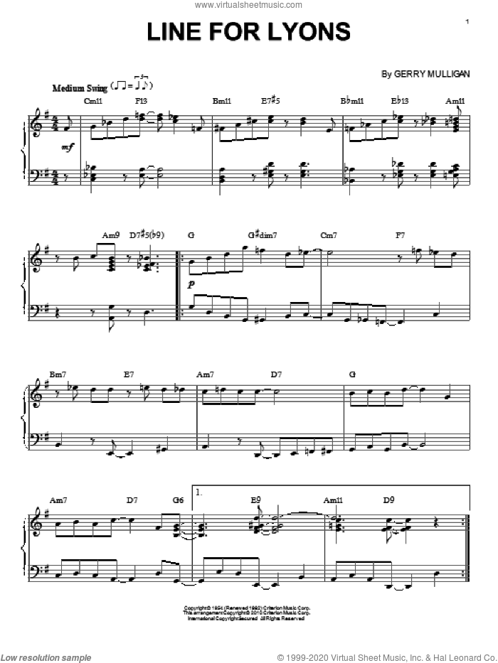 Line For Lyons sheet music for piano solo by Gerry Mulligan, intermediate skill level