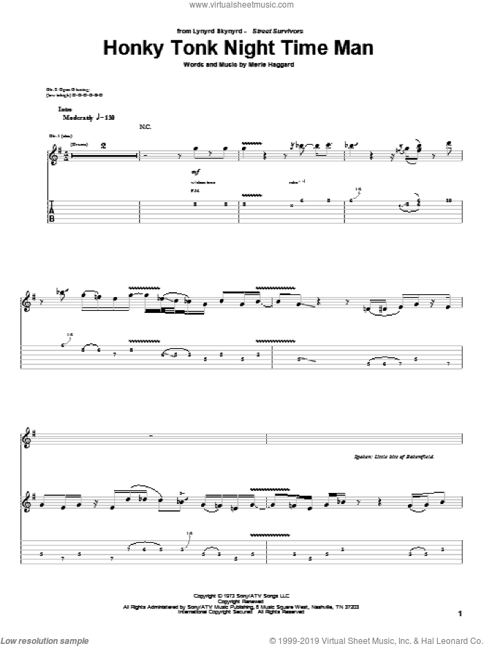 Honky Tonk Night Time Man sheet music for guitar (tablature) by Lynyrd Skynyrd and Merle Haggard, intermediate skill level