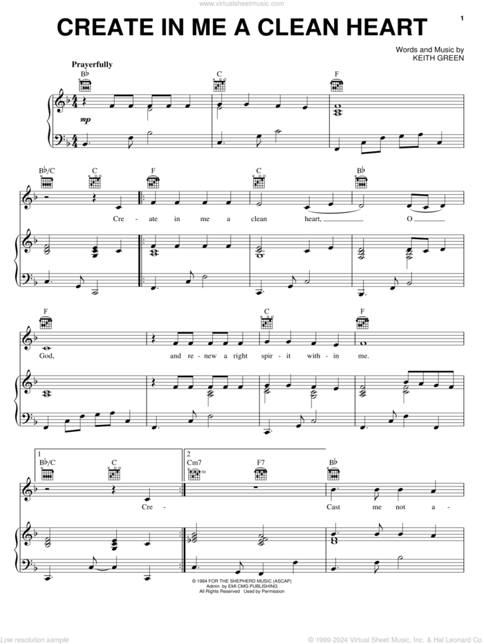 Create In Me A Clean Heart sheet music for voice, piano or guitar by Keith Green, intermediate skill level