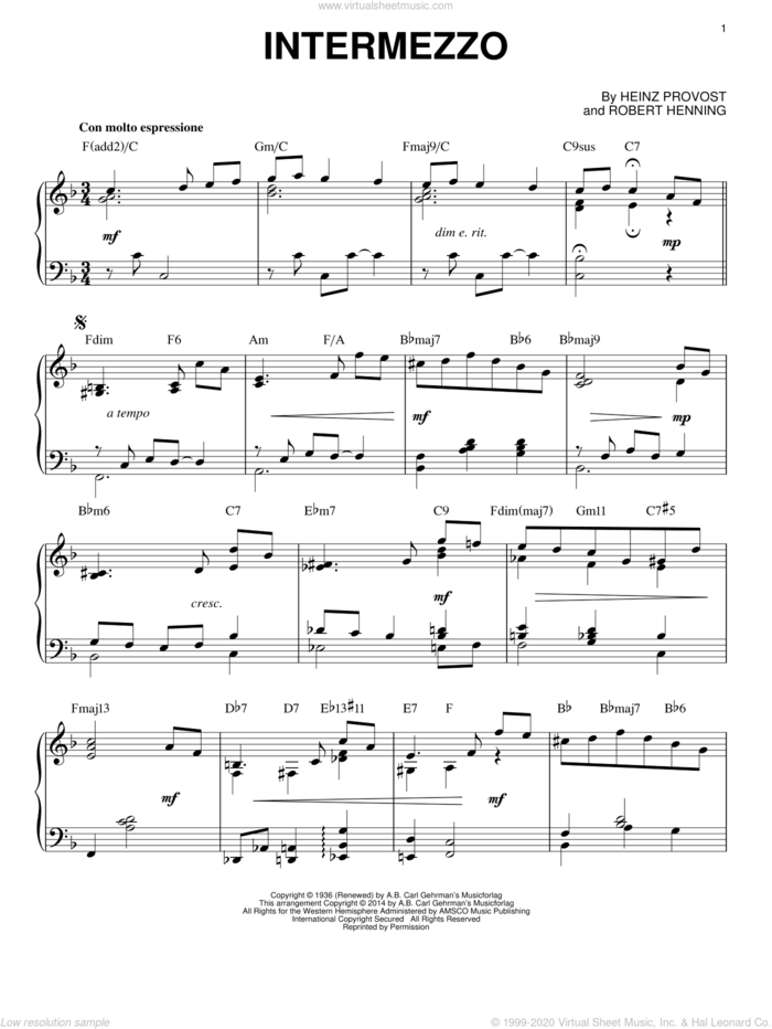 Intermezzo sheet music for piano solo by Heinz Provost, intermediate skill level