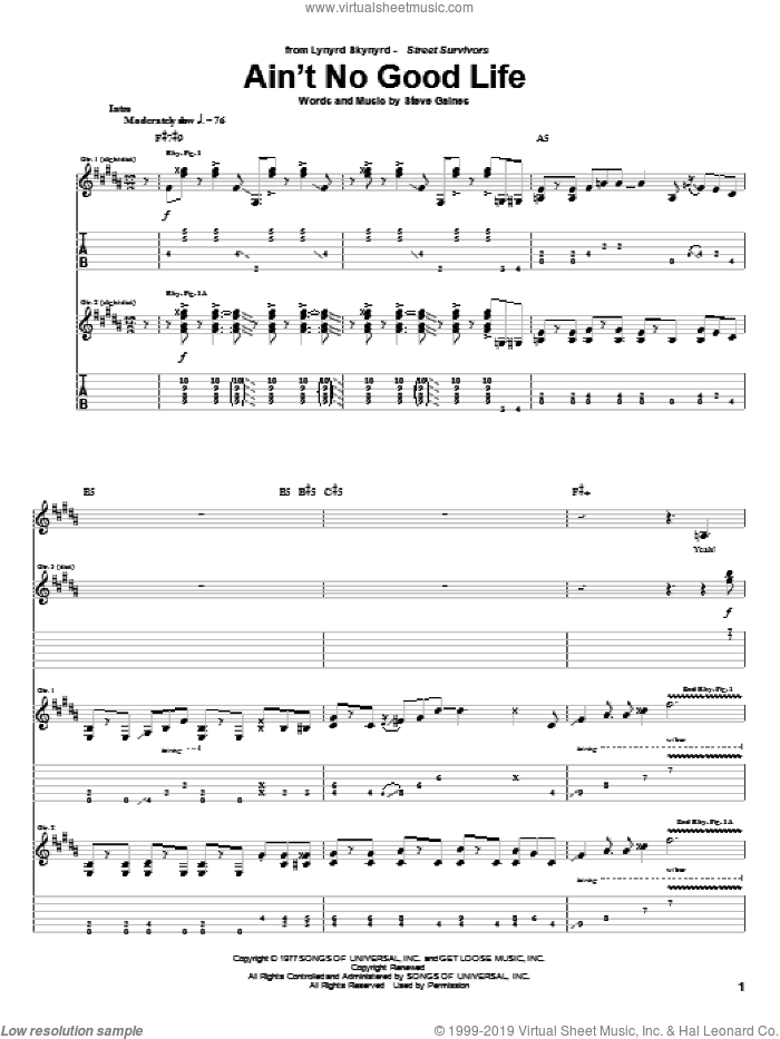 Ain't No Good Life sheet music for guitar (tablature) by Lynyrd Skynyrd and Steve Gaines, intermediate skill level