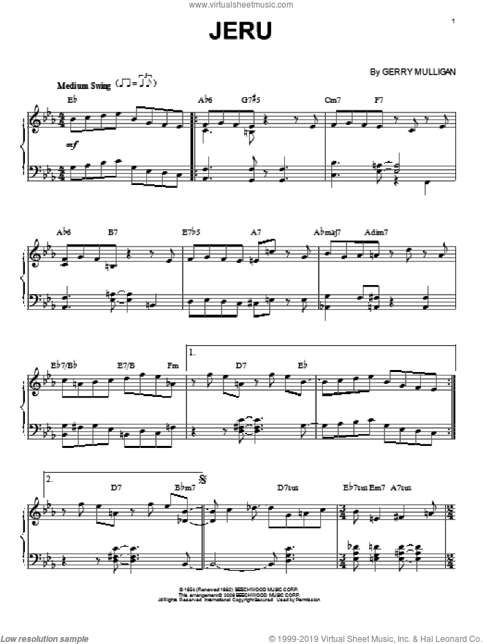 Jeru sheet music for piano solo by Miles Davis and Gerry Mulligan, intermediate skill level