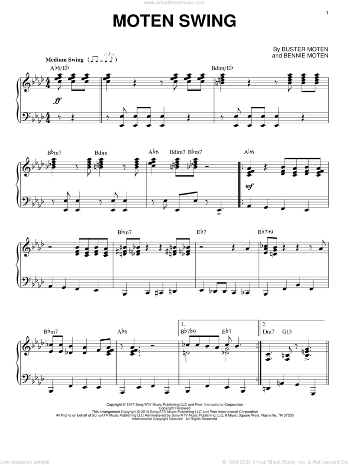 Moten Swing sheet music for piano solo by Bennie Moten and Buster Moten, intermediate skill level