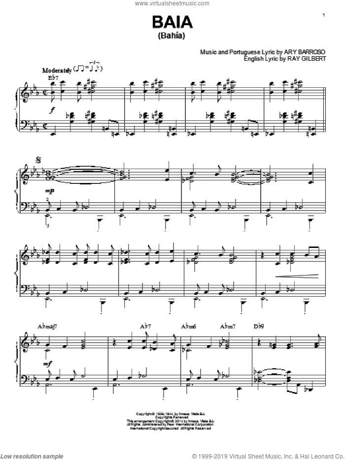 Baia (Bahia) sheet music for piano solo by Ray Gilbert, intermediate skill level