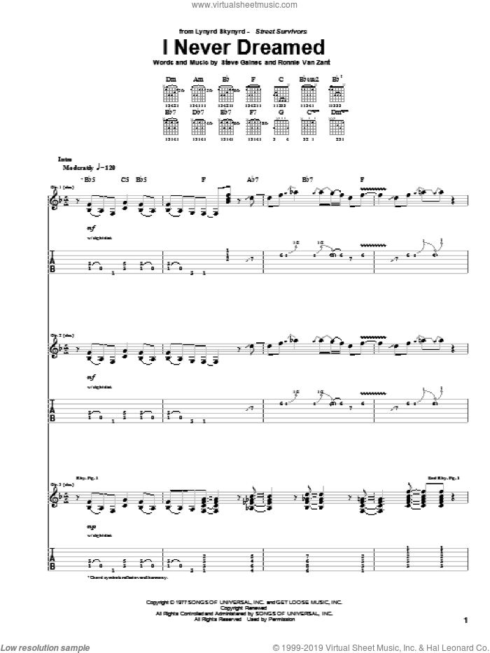 I Never Dreamed sheet music for guitar (tablature) by Lynyrd Skynyrd, Ronnie Van Zant and Steve Gaines, intermediate skill level