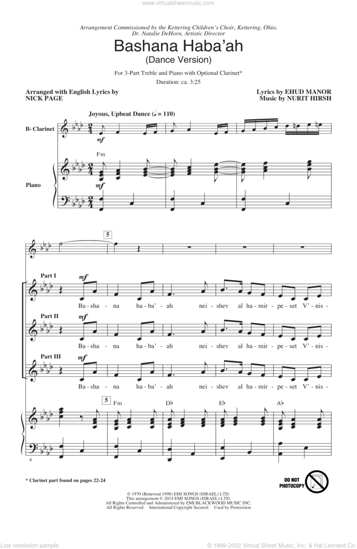 Bashana Haba 'Ah sheet music for choir (3-Part Treble) by Nurit Hirsh, Ehud Manor and Nick Page, intermediate skill level