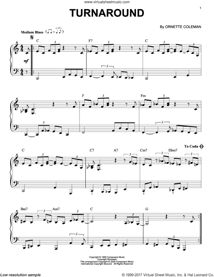 Turnaround sheet music for piano solo by Ornette Coleman, intermediate skill level