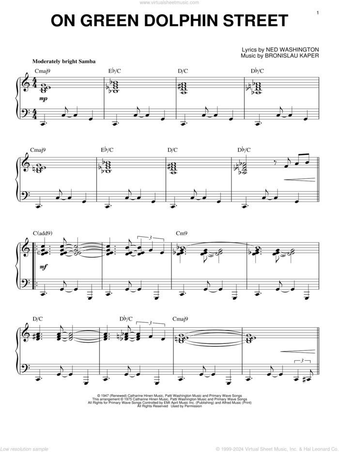 On Green Dolphin Street, (intermediate) sheet music for piano solo by Bronislau Kaper, intermediate skill level