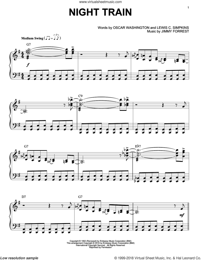 Night Train sheet music for piano solo by Buddy Morrlow, intermediate skill level