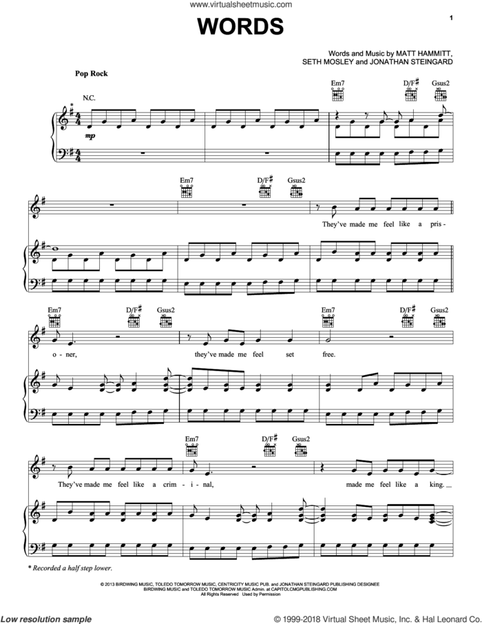 Words sheet music for voice, piano or guitar by Hawk Nelson, intermediate skill level