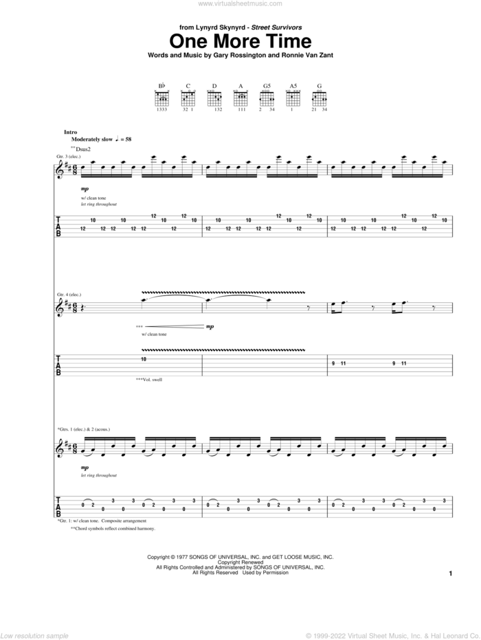 One More Time sheet music for guitar (tablature) by Lynyrd Skynyrd, Gary Rossington and Ronnie Van Zant, intermediate skill level