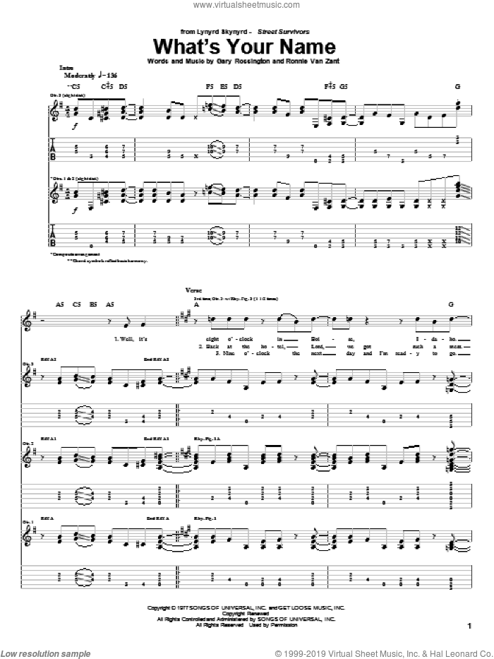 What's Your Name sheet music for guitar (tablature) by Lynyrd Skynyrd, Gary Rossington and Ronnie Van Zant, intermediate skill level