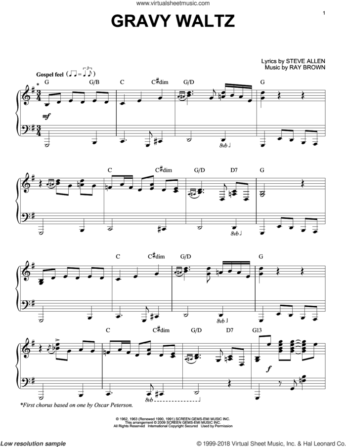 Gravy Waltz sheet music for piano solo by Steve Allen, intermediate skill level
