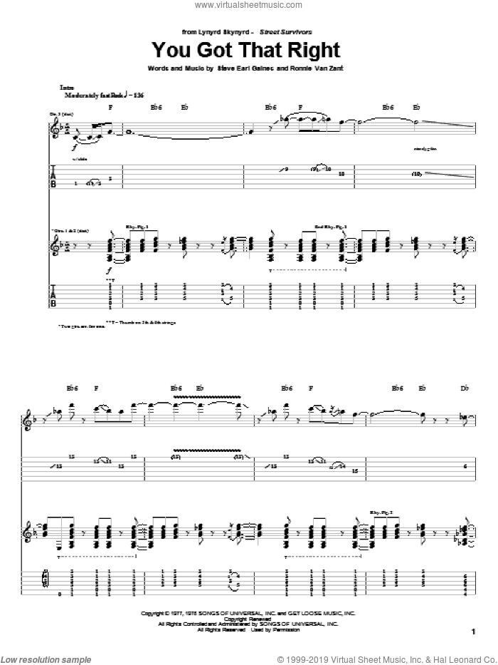 You Got That Right sheet music for guitar (tablature) by Lynyrd Skynyrd, Ronnie Van Zant and Steve Gaines, intermediate skill level