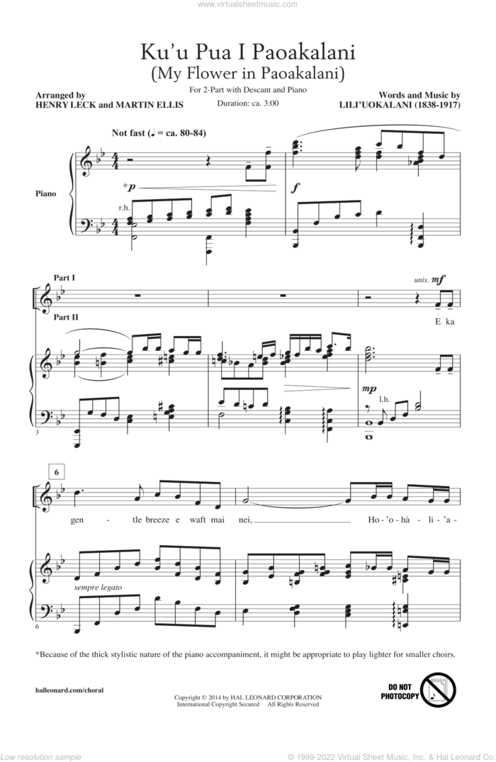 Ku'u Pua I Paoakalani sheet music for choir (2-Part) by Henry Leck and Martin Ellis, intermediate duet