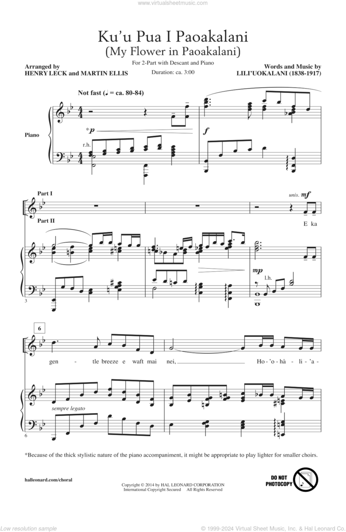 Ku'u Pua I Paoakalani sheet music for choir (2-Part) by Henry Leck and Martin Ellis, intermediate duet