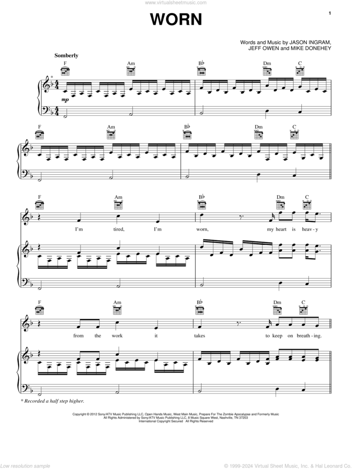 Worn sheet music for voice, piano or guitar by Tenth Avenue North, intermediate skill level
