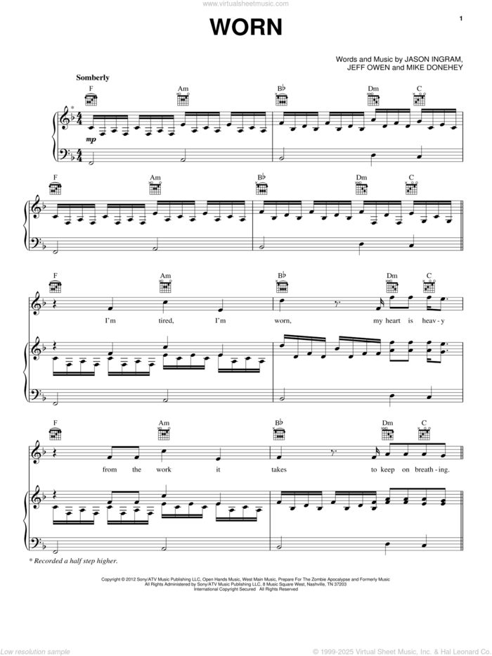 Worn sheet music for voice, piano or guitar by Tenth Avenue North, intermediate skill level