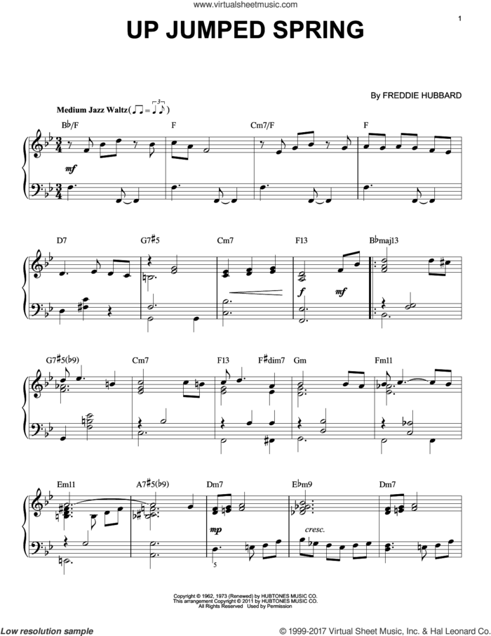 Up Jumped Spring sheet music for piano solo by Freddie Hubbard, intermediate skill level