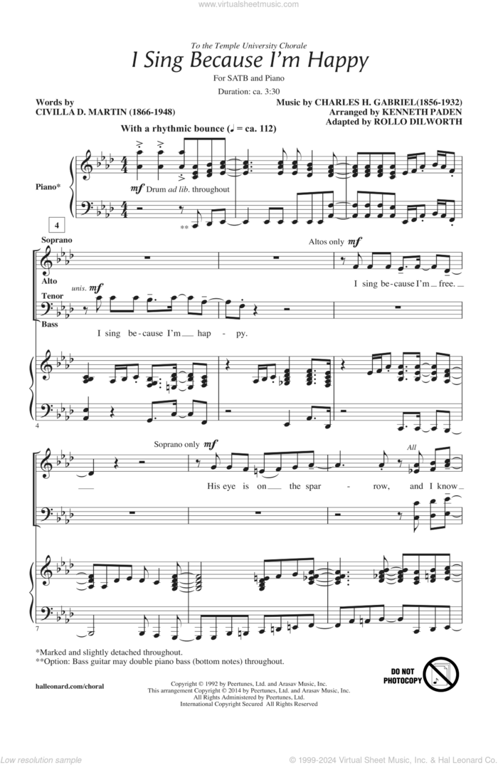 I Sing Because I'm Happy sheet music for choir (SATB: soprano, alto, tenor, bass) by Rollo Dilworth, intermediate skill level