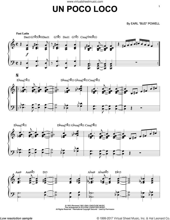 Bud Powell: Un Poco Loco for piano solo, intermediate piano sheet music. 