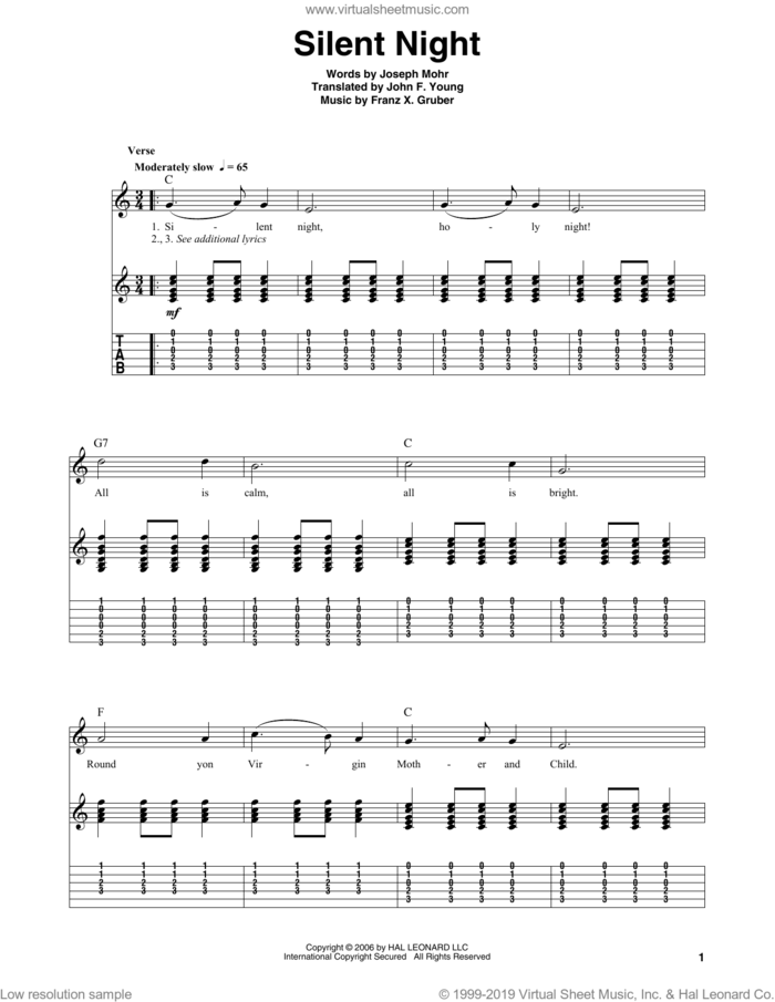 Silent Night sheet music for guitar (tablature, play-along) by Joseph Mohr, Franz Gruber and John F. Young, intermediate skill level