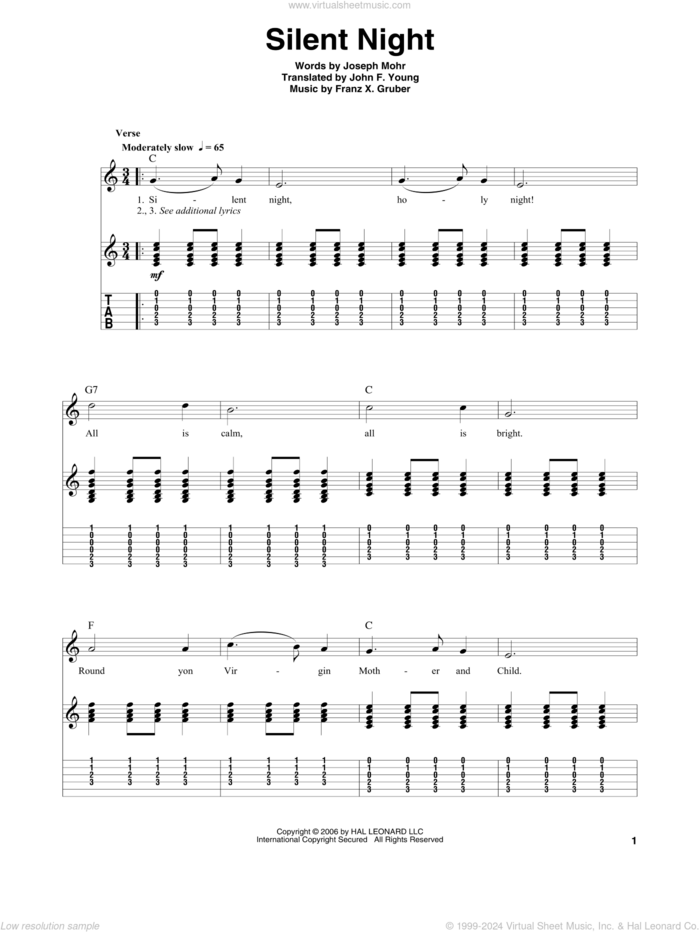 Silent Night sheet music for guitar (tablature, play-along) by Joseph Mohr, Franz Gruber and John F. Young, intermediate skill level