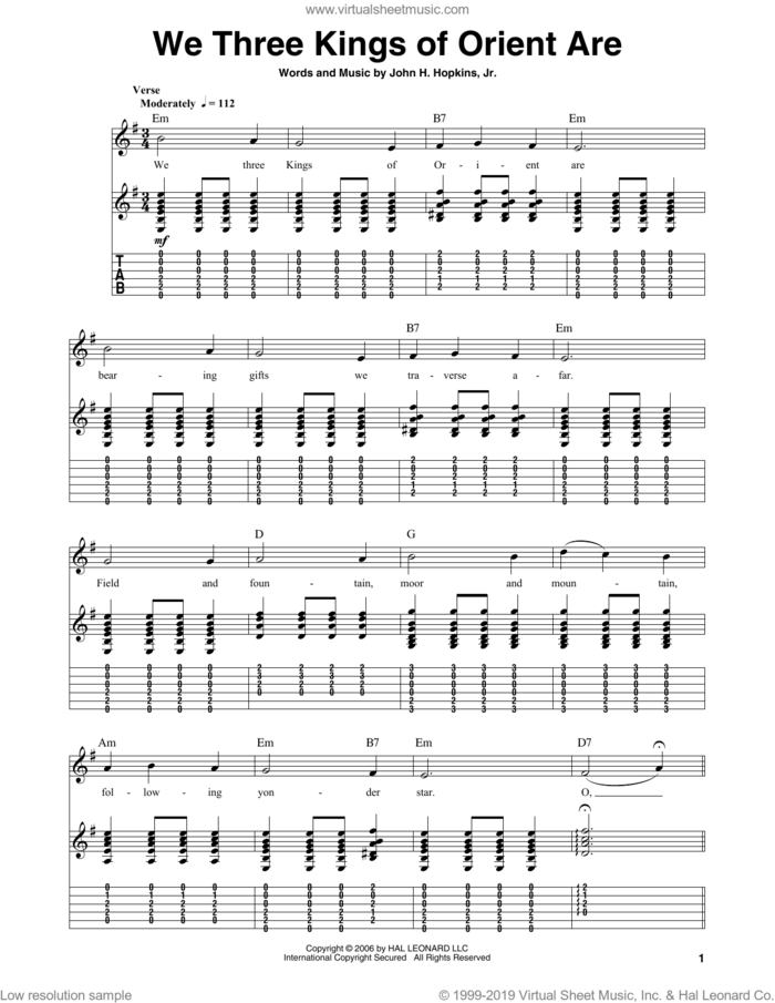 We Three Kings Of Orient Are sheet music for guitar (tablature, play-along) by John H. Hopkins, Jr., intermediate skill level