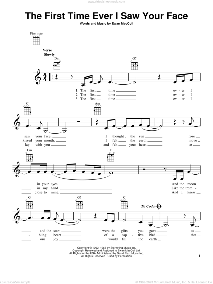 The First Time Ever I Saw Your Face sheet music for ukulele by Roberta Flack and Ewan MacColl, intermediate skill level
