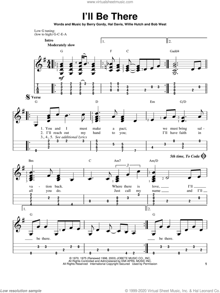 I'll Be There sheet music for ukulele by The Jackson 5 and Mariah Carey, intermediate skill level