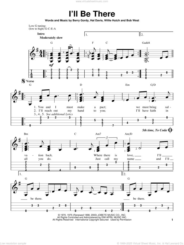 I'll Be There sheet music for ukulele by The Jackson 5 and Mariah Carey, intermediate skill level