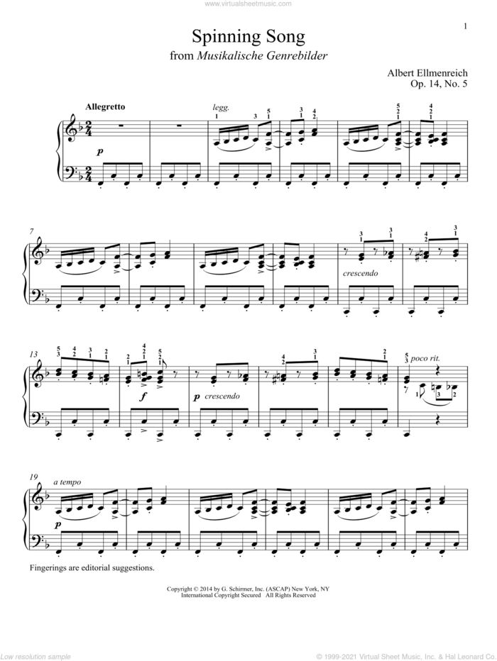Spinning Song (ed. Richard Walters) sheet music for piano solo by Richard Walters and Albert Ellemreich, classical score, intermediate skill level