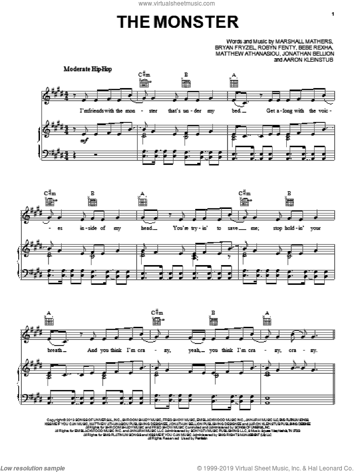 The Monster sheet music for voice, piano or guitar by Eminem featuring Rihanna and Eminem, intermediate skill level