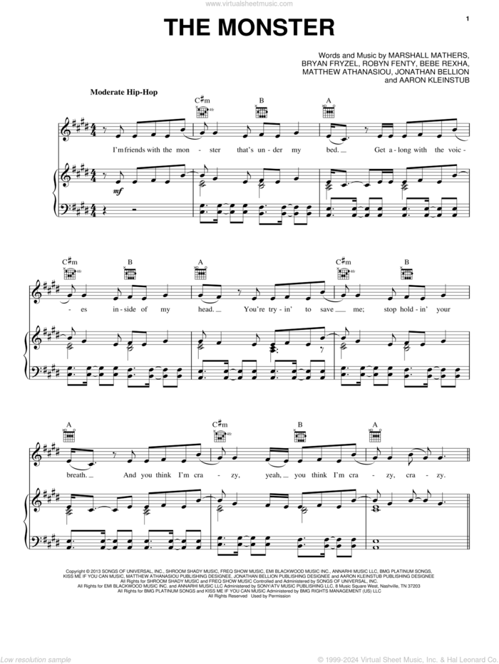 The Monster sheet music for voice, piano or guitar by Eminem featuring Rihanna and Eminem, intermediate skill level