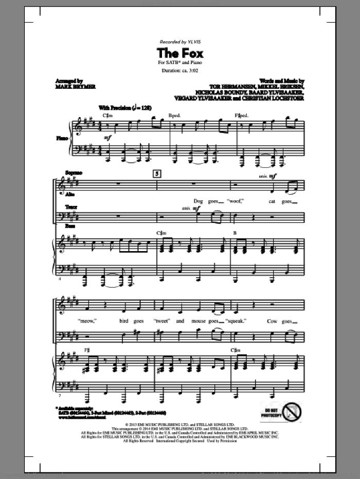 The Fox (What Does The Fox Say?) (arr. Mark Brymer) sheet music for choir (SATB: soprano, alto, tenor, bass) by Mark Brymer and Ylvis, intermediate skill level