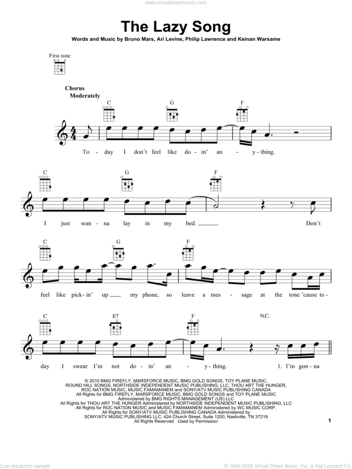 The Lazy Song sheet music for ukulele by Bruno Mars, intermediate skill level