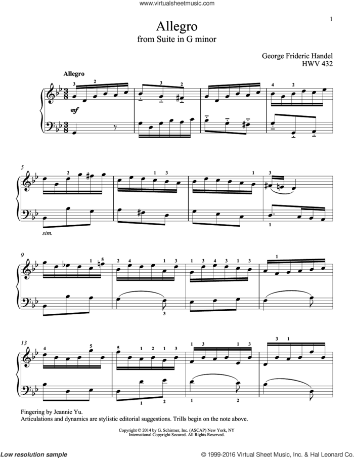 Allegro (arr. Richard Walters) sheet music for piano solo by George Frideric Handel and Richard Walters, classical score, intermediate skill level