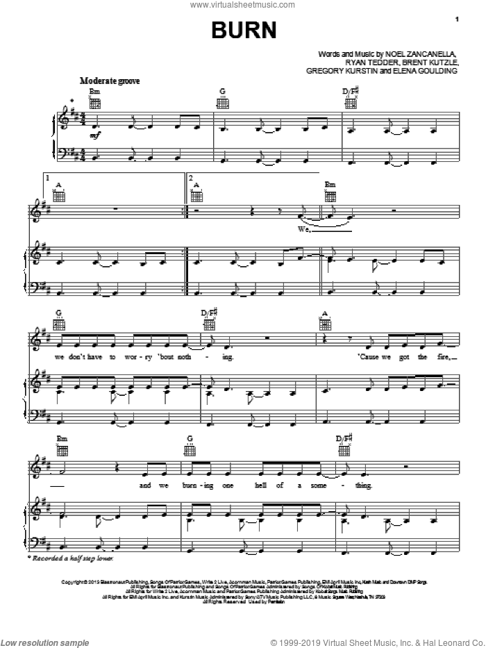Burn sheet music for voice, piano or guitar by Ellie Goulding, intermediate skill level