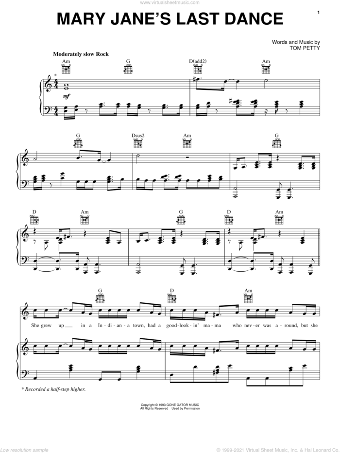 Mary Jane's Last Dance sheet music for voice, piano or guitar by Tom Petty And The Heartbreakers and Tom Petty, intermediate skill level