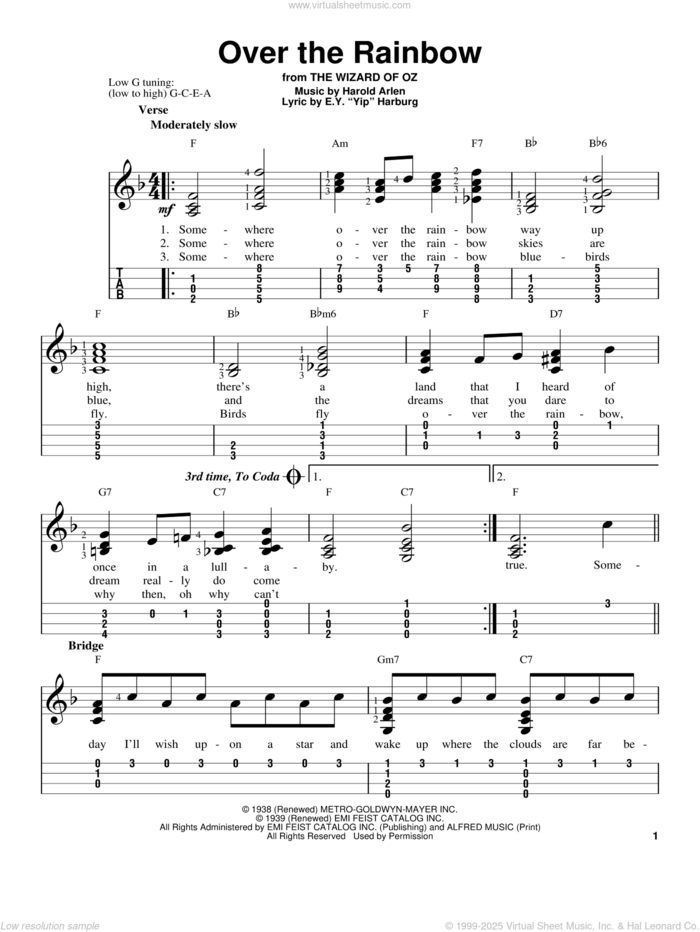 Over The Rainbow sheet music for ukulele by Harold Arlen and E.Y. Harburg, intermediate skill level